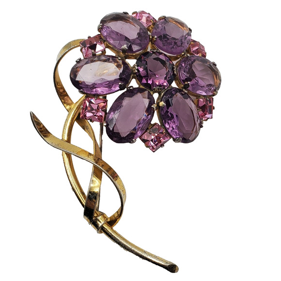Purple Amethyst Floral Brooch Vintage Flower Pin Sterling Silver Gold Vermeil - Picture 1 of 11